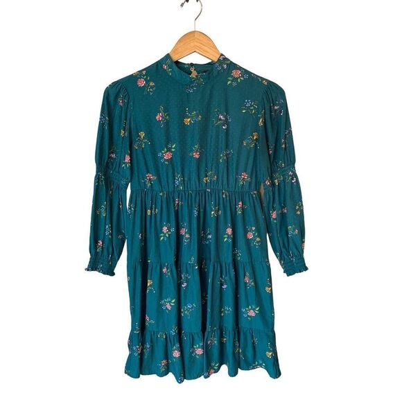 ZARA Retro Vintage Deep Emerald Green Floral Print Mini Dress - Picture 5 of 12